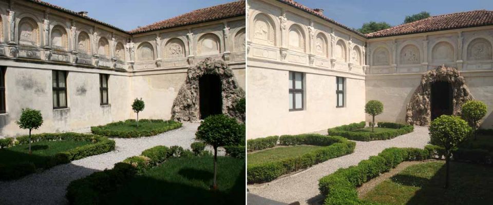 Cortile dell'appartamento del giardino segreto prima e dopo il restauro