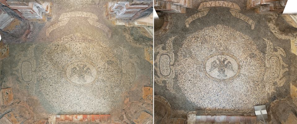 Pavimento della grotta prima e dopo il restauro (Foto di Guido Bazzotti)