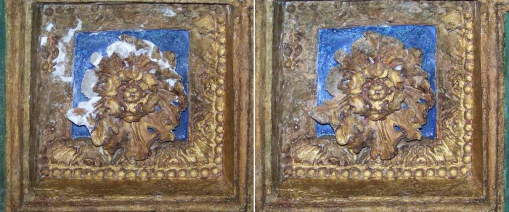 Camera di Amore e Psiche - Restauro delle decorazioni e degli affreschi (particolare parete est, prima e dopo il restauro)