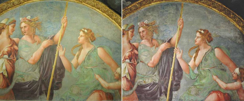 Camera di Amore e Psiche - Restauro delle decorazioni e degli affreschi (particolare parete sud, prima e dopo il restauro)