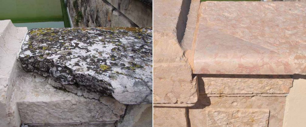 Fisheries: parapets before and after the restoration - Restoration of the parapets and 12 marble grotesques